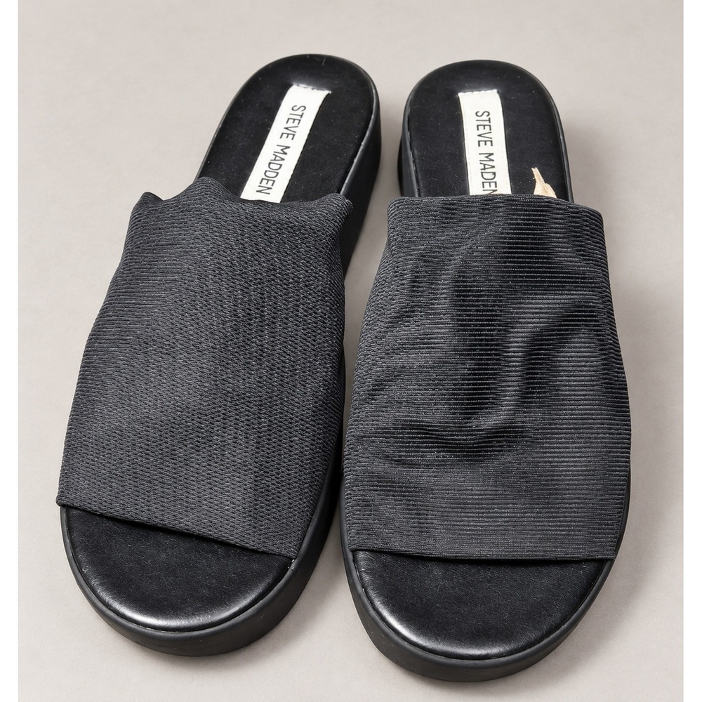 Steve Madden Black Platform Slide Sandals Womens Size 9 Stretchy Fabric Upper